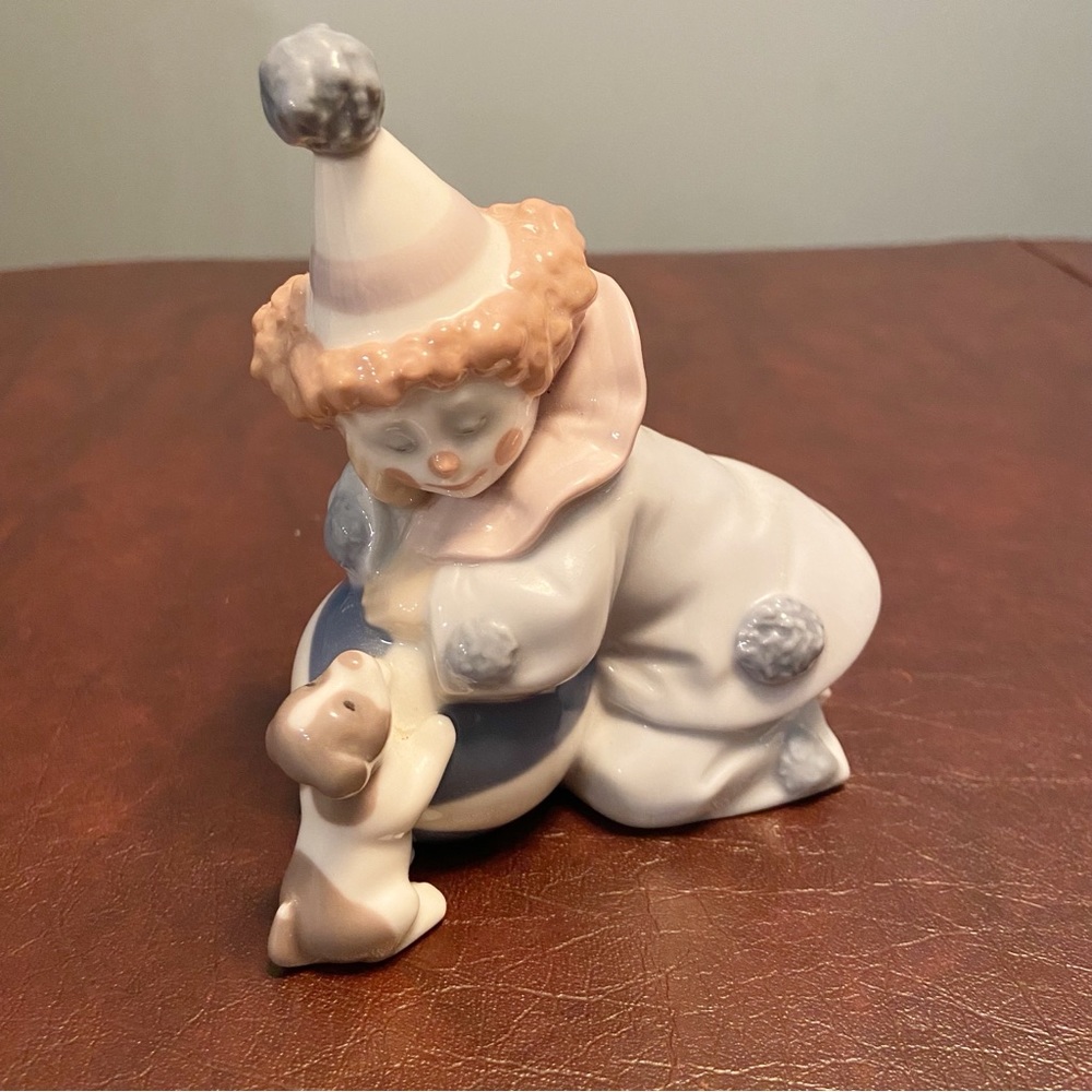 Vintage Lladro porcelain pierrot clown with puppy and ball, made in Spain